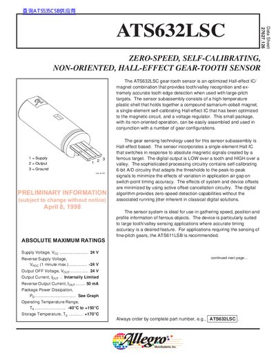 Allegro Microsystems ATS632LSC Hall-Effect Gear-Tooth Sensor Datasheet - cover page