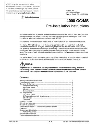 Agilent Technologies 4000 GC/MS Pre-Installation Instructions - cover page