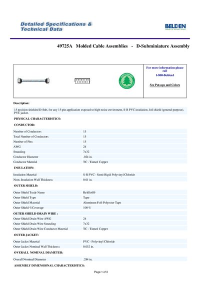 Belden 49725A Molded Cable Assemblies - D-Subminiature Assembly Handbook