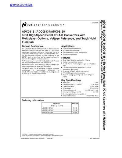 National Semiconductor ADC08131/ADC08134/ADC08138 8-Bit High-Speed Serial I/O A/D Converters with Multiplexer Options Voltage Reference Track/Hold Function handbook - cover page