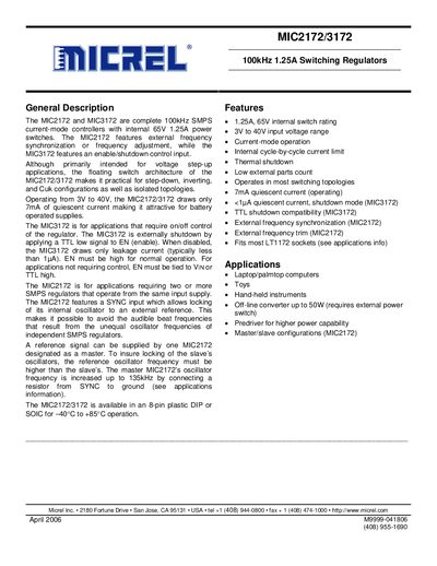Micrel MIC2172 / MIC3172 Switching Regulator Datasheet - cover page