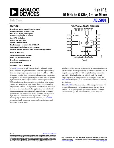 High IP3, 10 MHz to 6 GHz, Active Mixer Data Sheet ADL5801 Rev. F - cover page
