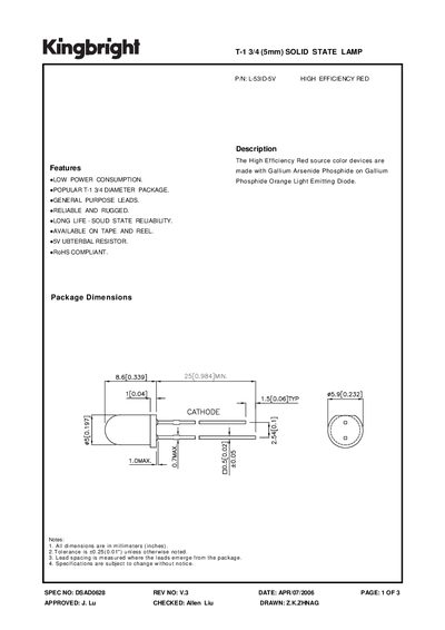 KINGBRIGHT - L-53ID-5V HIGH EFFICIENCY RED T-1 3/4 (5mm) SOLID STATE LAMP Manual - cover page
