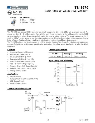Taiwan Semiconductor TS19370 Boost (Step-up) WLED Driver with OVP Datasheet - cover page