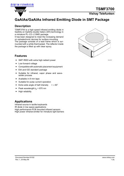 Vishay TSMF3700 Infrared Emitting Diode Datasheet - cover page