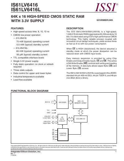 Integrated Silicon Solution IS61LV6416/IS61LV6416L Datasheet - cover page