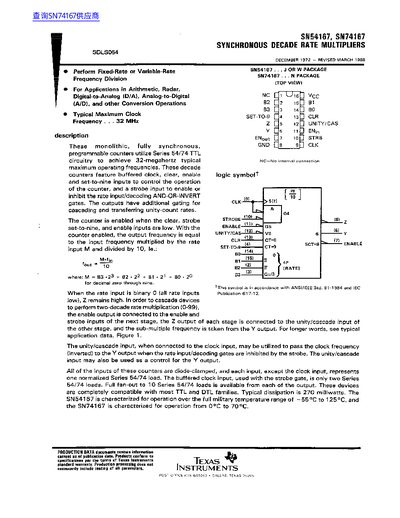 Texas Instruments SN54167/SN74167 Synchronous Decade Rate Multipliers Datasheet