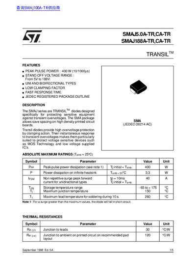 STMicroelectronics SMAJ5.0A-TR / SMAJ188A-TR TRANSIL™ Diode Datasheet - cover page