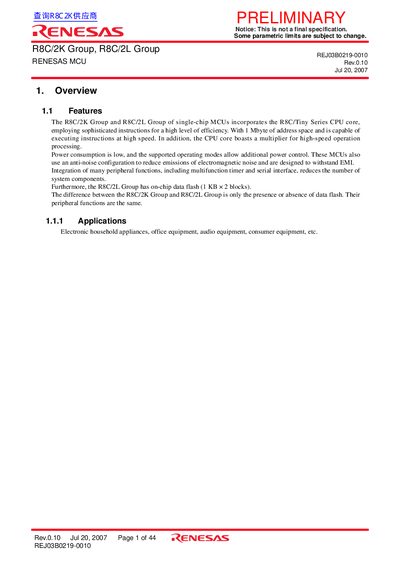 Renesas R8C/2K and R8C/2L Group MCU Datasheet - cover page
