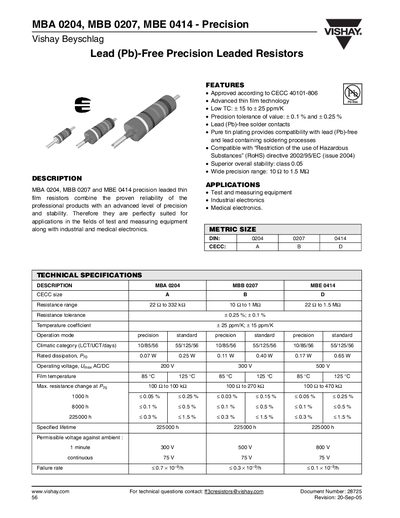 Vishay MBA 0204 / MBB 0207 / MBE 0414 Lead‑Free Precision Leaded Resistors Manual - cover page