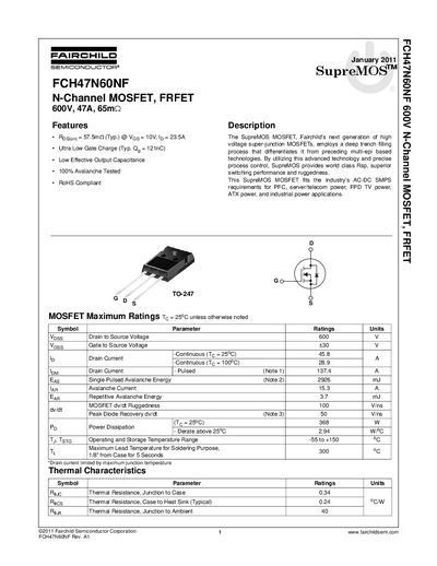 Fairchild FCH47N60NF SupreMOS MOSFET Datasheet - cover page