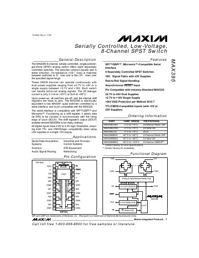 Maxim Integrated MAX395 Serially Controlled Low-Voltage 8-Channel SPST Switch Datasheet - cover page