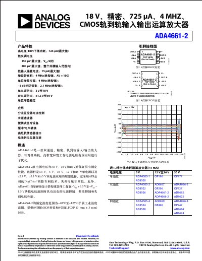 Analog Devices ADA4661-2 Precision Low-Power Operational Amplifier Datasheet - cover page