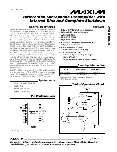 Maxim MAX4063 Differential Microphone Preamplifier Datasheet