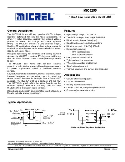 Micrel MIC5255 Low Noise µCap CMOS LDO Datasheet - cover page