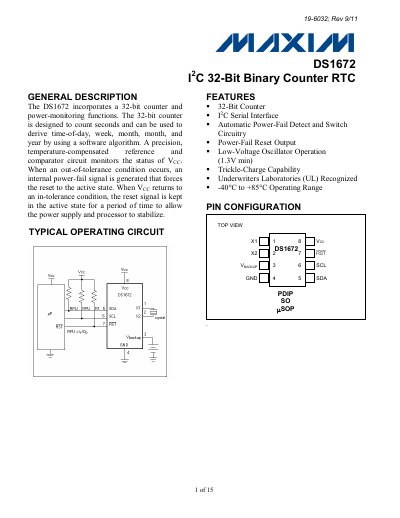 Maxim DS1672 32-Bit Binary Counter RTC Datasheet - cover page