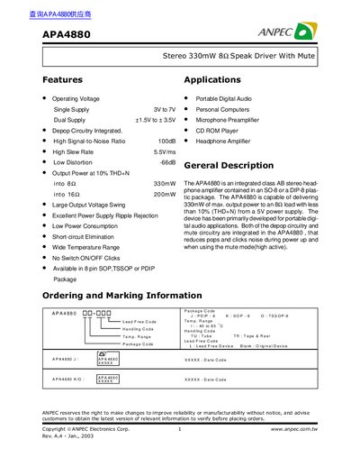 ANPEC APA4880 Stereo Headphone Amplifier Datasheet - cover page