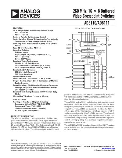 Analog Devices AD8110/AD8111 Datasheet - cover page