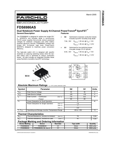 Fairchild Semiconductor FDS6986AS Dual Notebook Power Supply N-Channel PowerTrench SyncFET Datasheet - cover page
