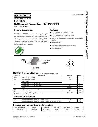 Fairchild FDP8876 N-Channel MOSFET Datasheet - cover page