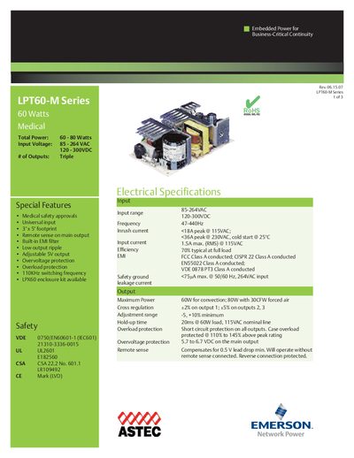 Emerson LPT60-M Series Medical Power Supply Datasheet - cover page
