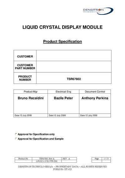 Densitron TSR67802 LCD Module Product Specification - cover page