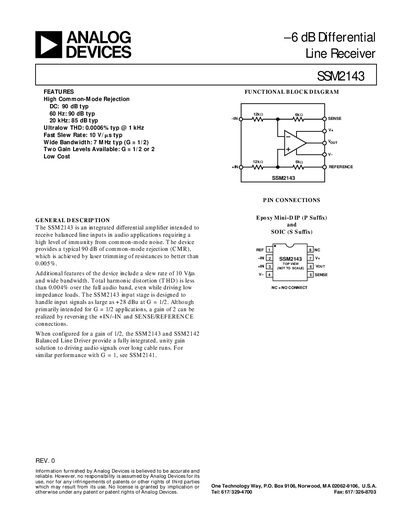 Analog Devices SSM2143 Differential Line Receiver Datasheet - cover page