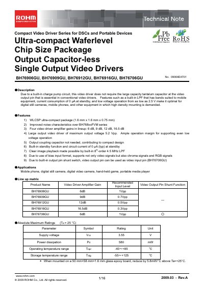 ROHM BH76906GU/BH76909GU/BH76912GU/BH76916GU/BH76706GU Technical Note - cover page