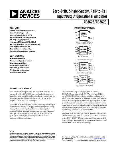 Analog Devices AD8628/AD8629 Zero-Drift Operational Amplifier Datasheet - cover page