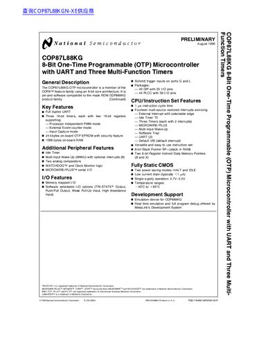 National Semiconductor COP87L88KG 8-Bit OTP Microcontroller Datasheet - cover page