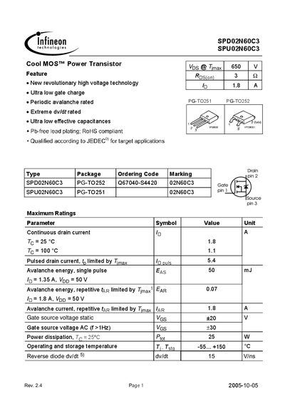 Infineon SPD02N60C3 / SPU02N60C3 Power Transistor Datasheet - cover page