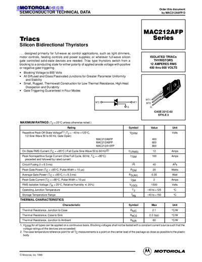 Motorola MAC212AFP Series Triac Datasheet