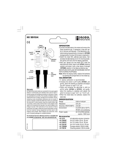 Hanna Instruments HI 99104 pH Meter User Manual - cover page