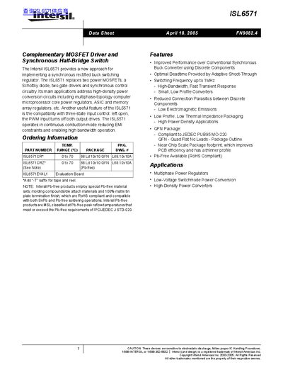 Intersil ISL6571 Complementary MOSFET Driver and Synchronous Half-Bridge Switch Datasheet - cover page