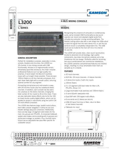 Samson L3200 Mixing Console Product Specification Sheet - cover page