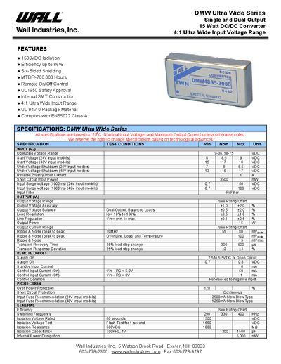 Wall Industries DMW Ultra Wide Series 15 Watt DC/DC Converter Datasheet - cover page