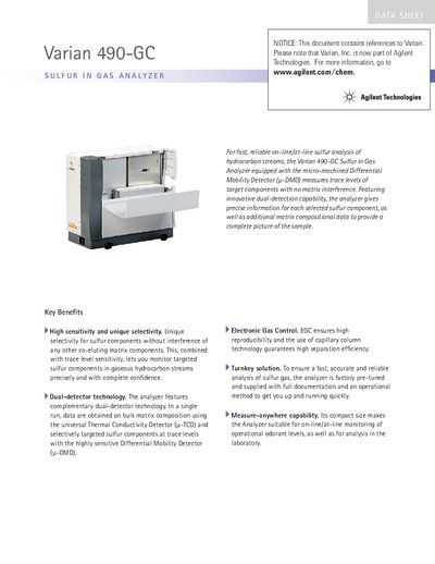 Varian 490-GC Sulfur in Gas Analyzer Product Leaflet - cover page