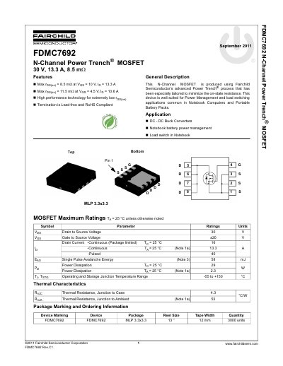 Fairchild Semiconductor FDMC7692 N-Channel Power Trench MOSFET Datasheet