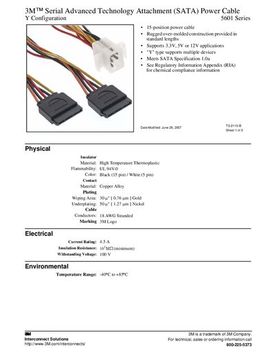 3M 5601 Series SATA Power Cable Y Configuration Datasheet - cover page