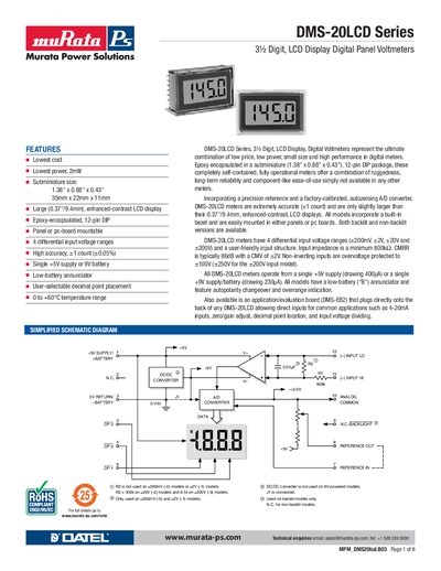 Murata DMS-20LCD Series 3½ Digit LCD Display Digital Panel Voltmeters Datasheet