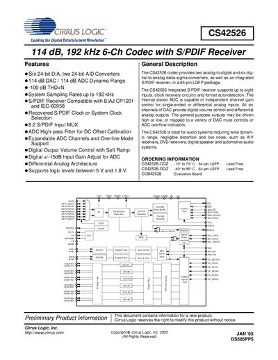 CIRRUS LOGICCS42526 114 dB 192 kHz 6-Ch Codec with S/PDIF Receiver Manual - cover page