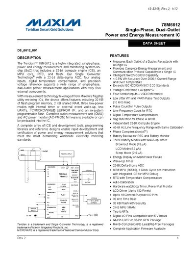 Maxim 78M6612 Power and Energy Measurement IC Datasheet - cover page