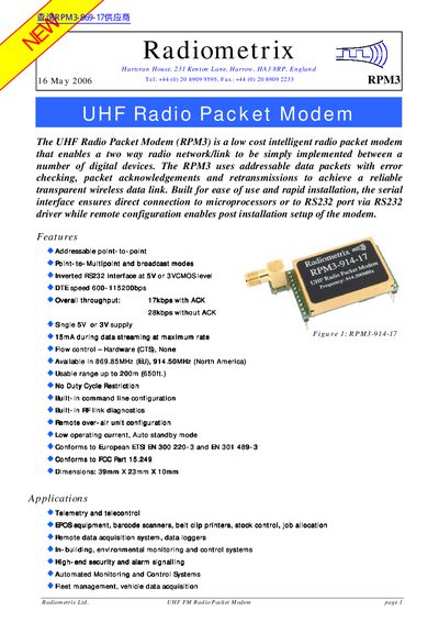 Radiometrix RPM3 UHF Radio Packet Modem Datasheet - cover page