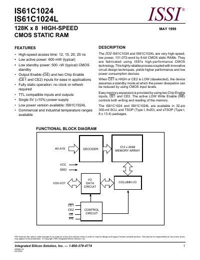 ISSI IS61C1024 and IS61C1024L Static RAM Datasheet - cover page