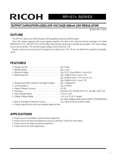 Ricoh RP107x Series CMOS LDO Regulator Datasheet