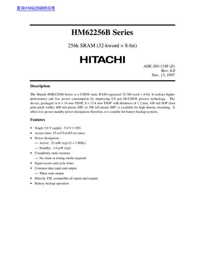 HITCHI HM62256B Series 256k SRAM (32-kword &times; 8-bit) Data Sheet  - cover page