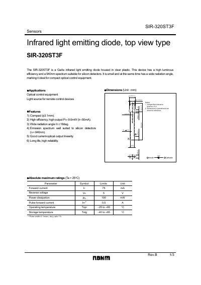 ROHM SIR-320ST3F Infrared LED Datasheet - cover page