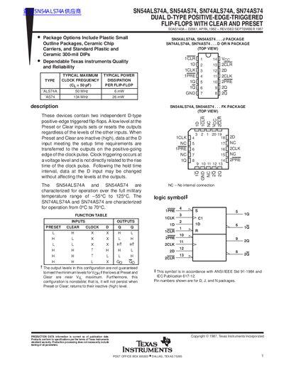 Texas Instruments SN54ALS74A/SN54AS74/SN74ALS74A/SN74AS74 Datasheet - cover page