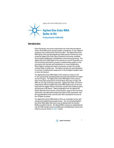Agilent One Color RNA Spike-In Kit Protocol Guide - cover page