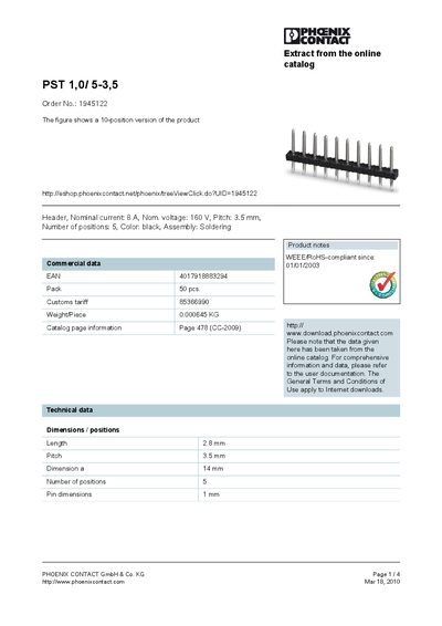 Phoenix Contact PST 1,0/5-3,5 Datasheet - cover page